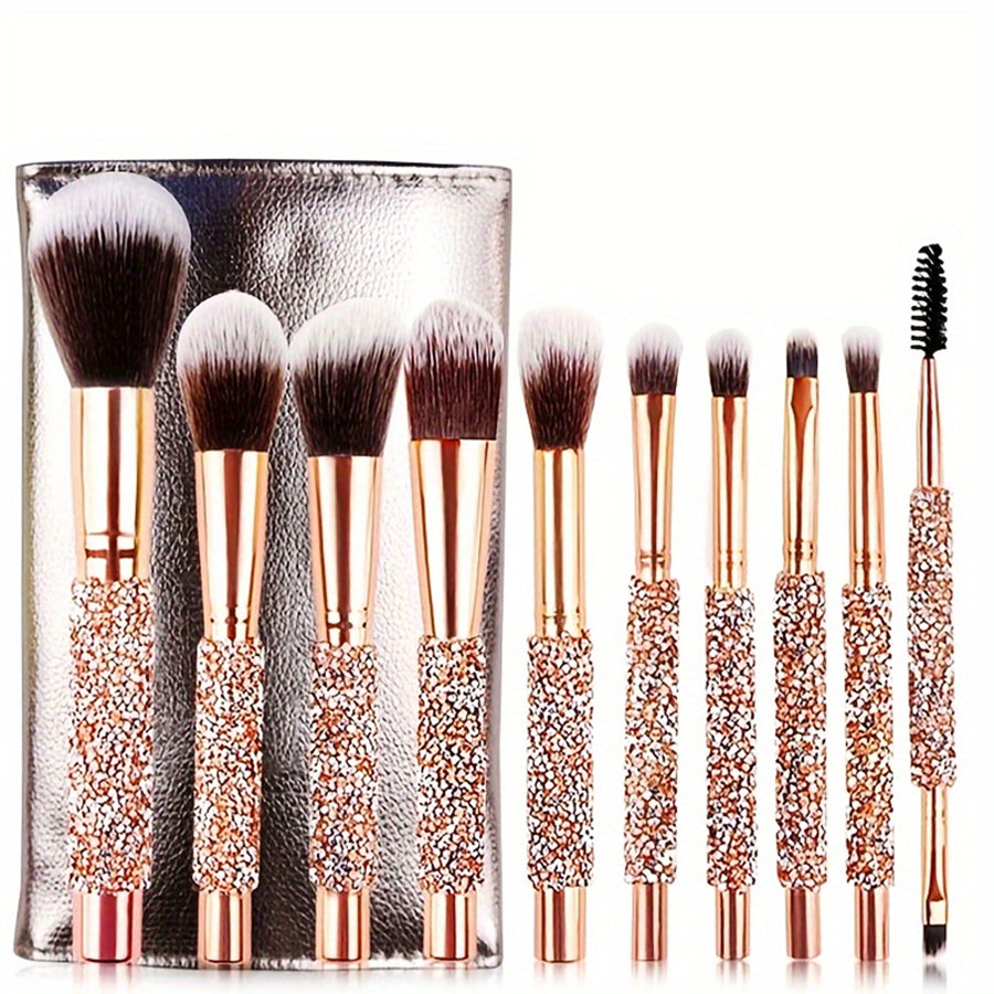 10Pcs Luxury Makeup Brush Set Diamond Rivet Handle Design Crystal Makeup Brush, For Face And Eye Makeup Brush Professional Foundation Concealer Eye Shadow Makeup Tool