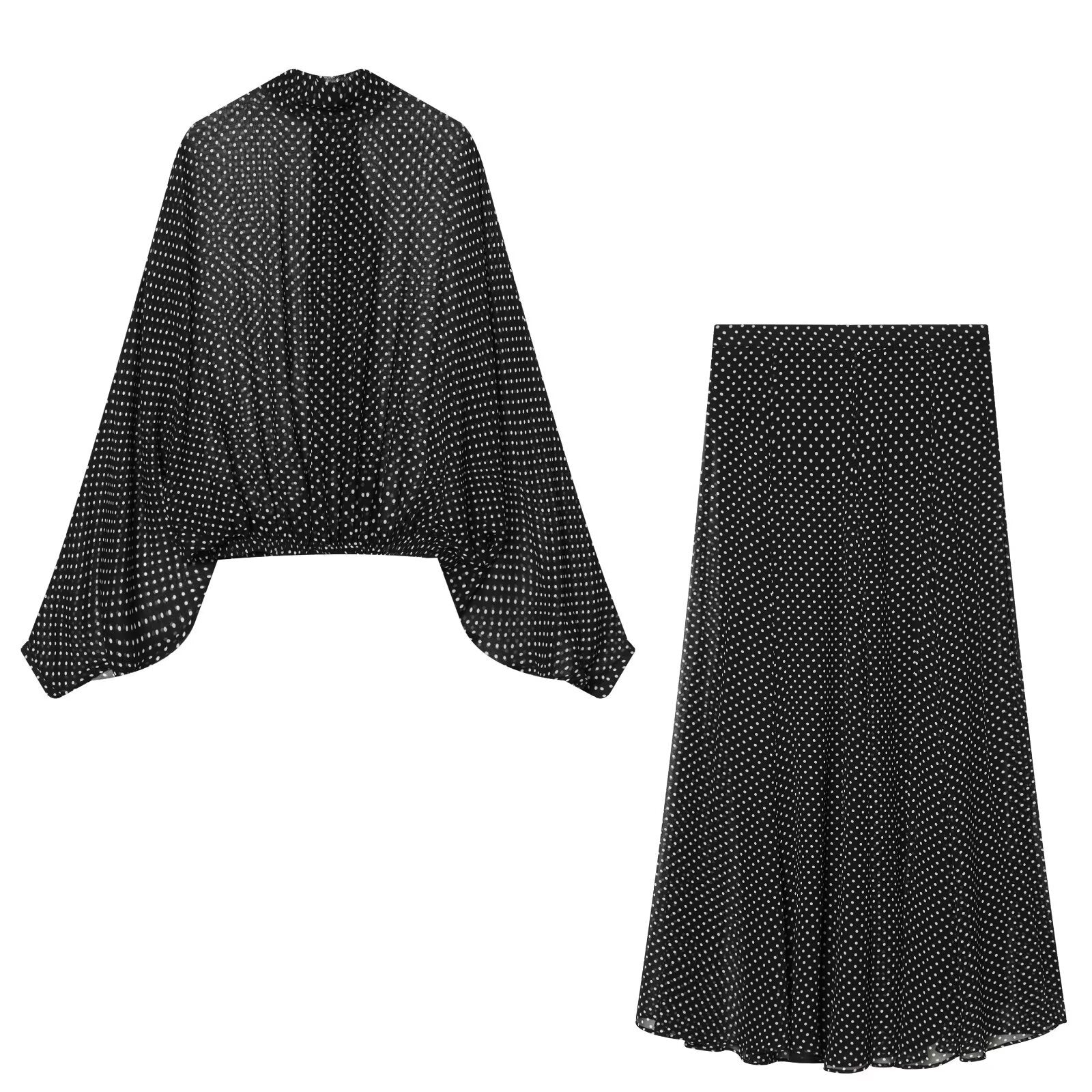 Casual Polka-Dot Bow-Tie Shirt And Polka-Dot Skirt Set