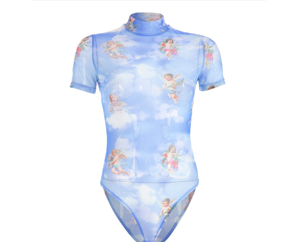 New fashion angel print mesh openwork slim short-sleeved jumpsuit