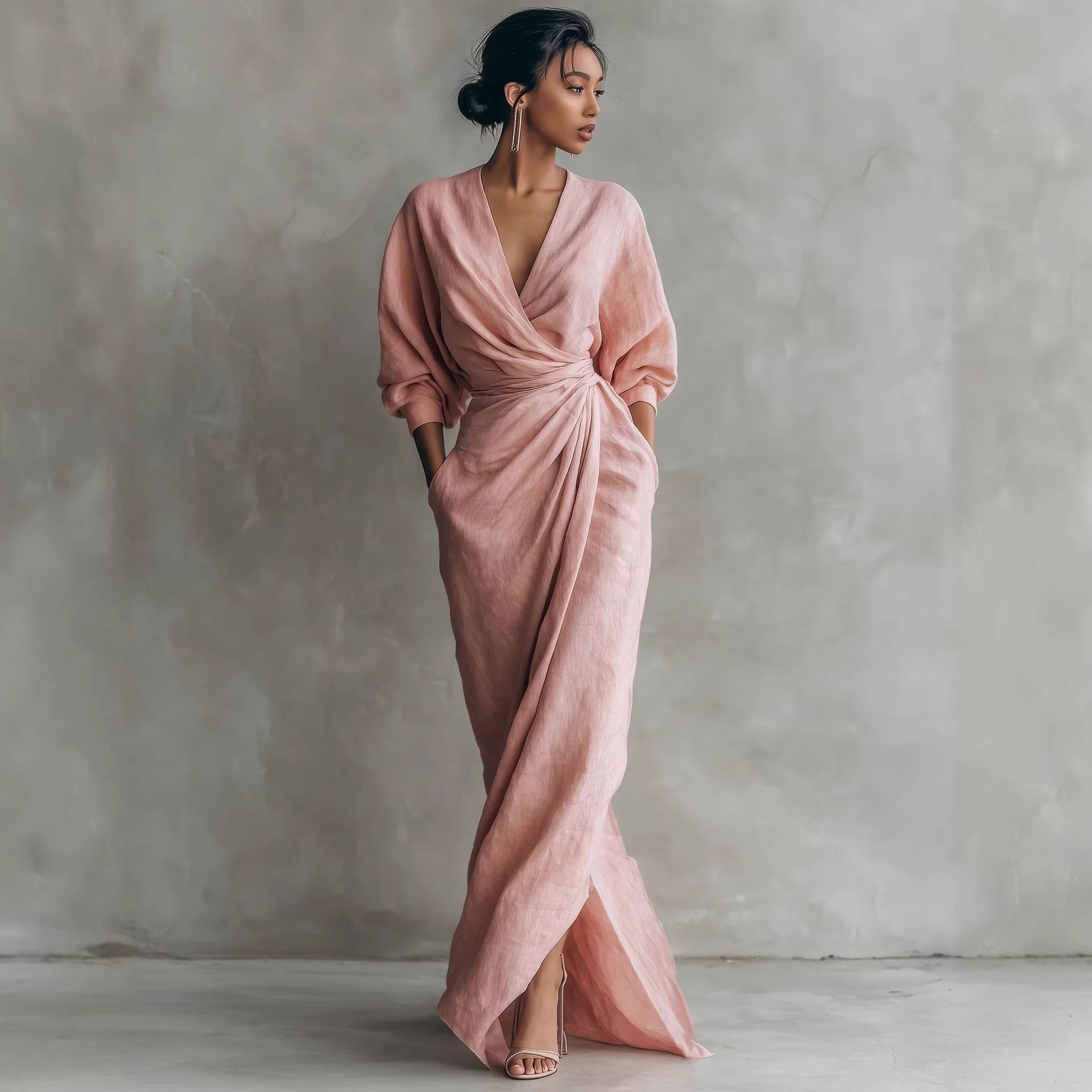 Womens V-neck Waist-cinching Dress