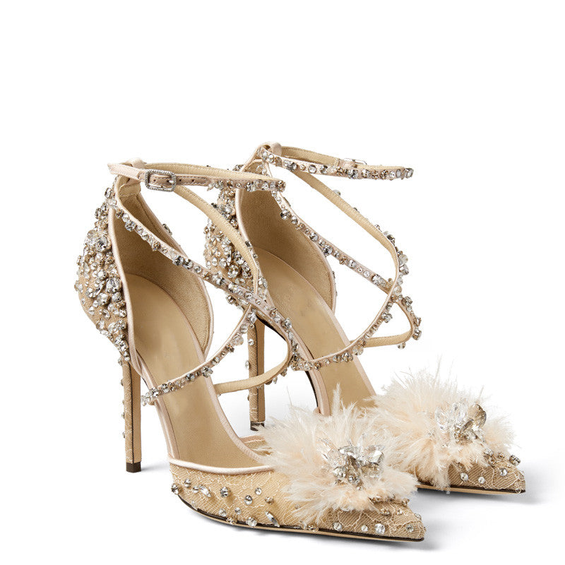 Heels Nude Lace Rhinestone Floral Pumps