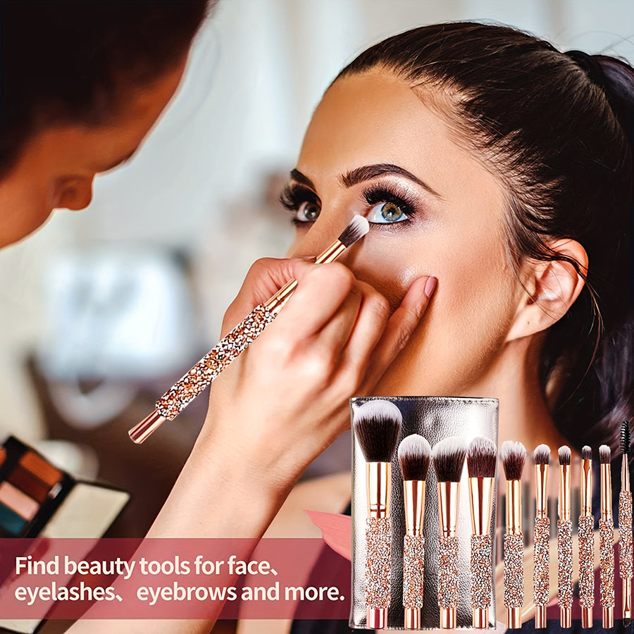 10Pcs Luxury Makeup Brush Set Diamond Rivet Handle Design Crystal Makeup Brush, For Face And Eye Makeup Brush Professional Foundation Concealer Eye Shadow Makeup Tool