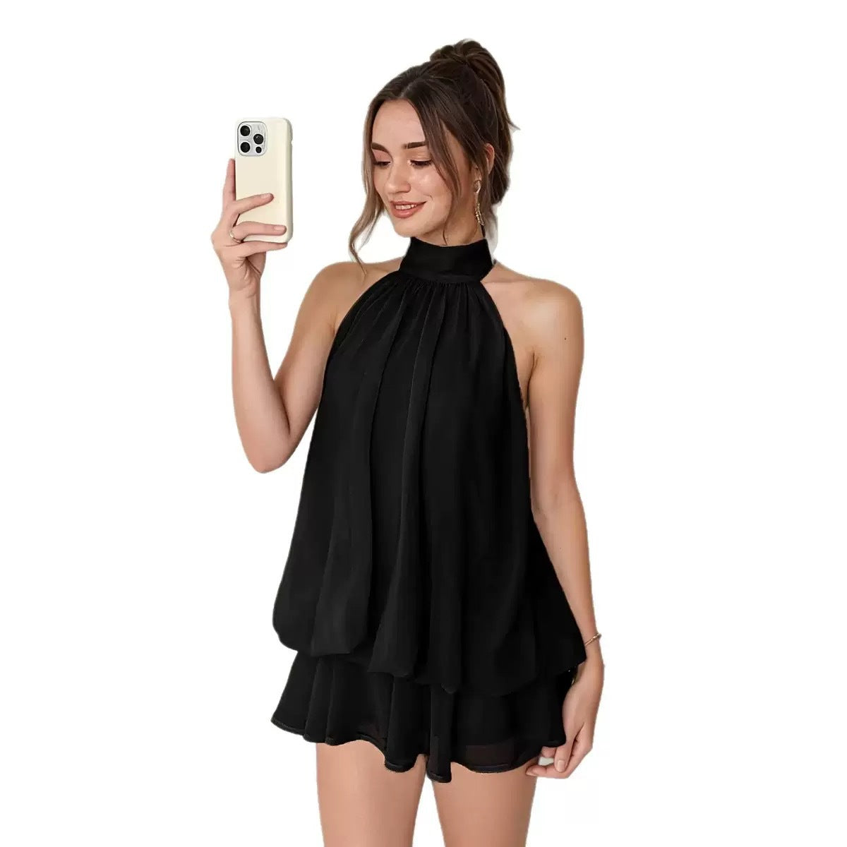 Chiffon Halter Tea Length Dress Sassy Skirt