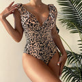 European And American-style Leopard-print Modest Full-Coverage Slimming Womens Ruffled Beach Spa Swimsuit