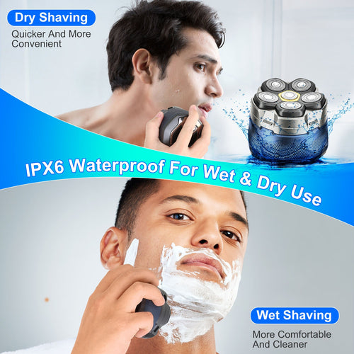 1Pc  Cordless Electric Head Shaver For Men 6D Magnetic Floating Head IPX6 Waterproof Wet Dry Shaving Electric Razor Type-C Rechargeable Trimmer With LED Digital Display For Bald Man
