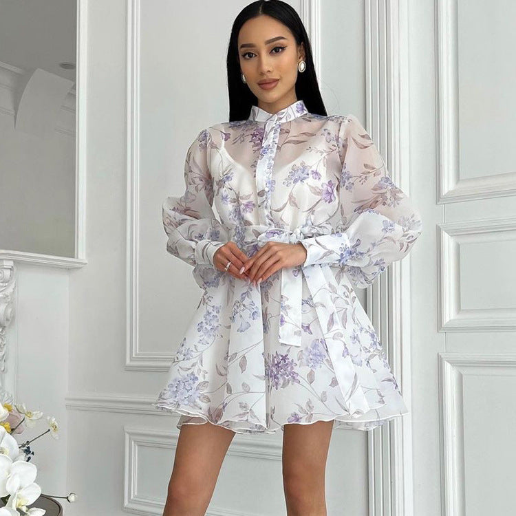 Stand-collar Long-sleeve Tie-front Printed Dress
