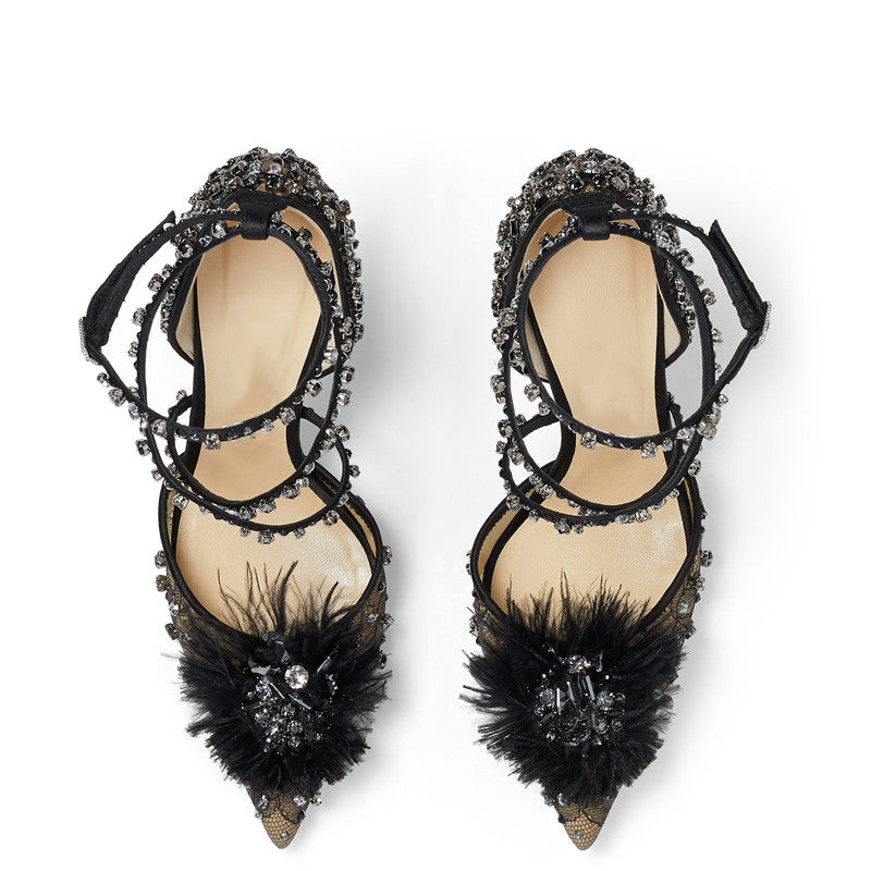 Heels Nude Lace Rhinestone Floral Pumps