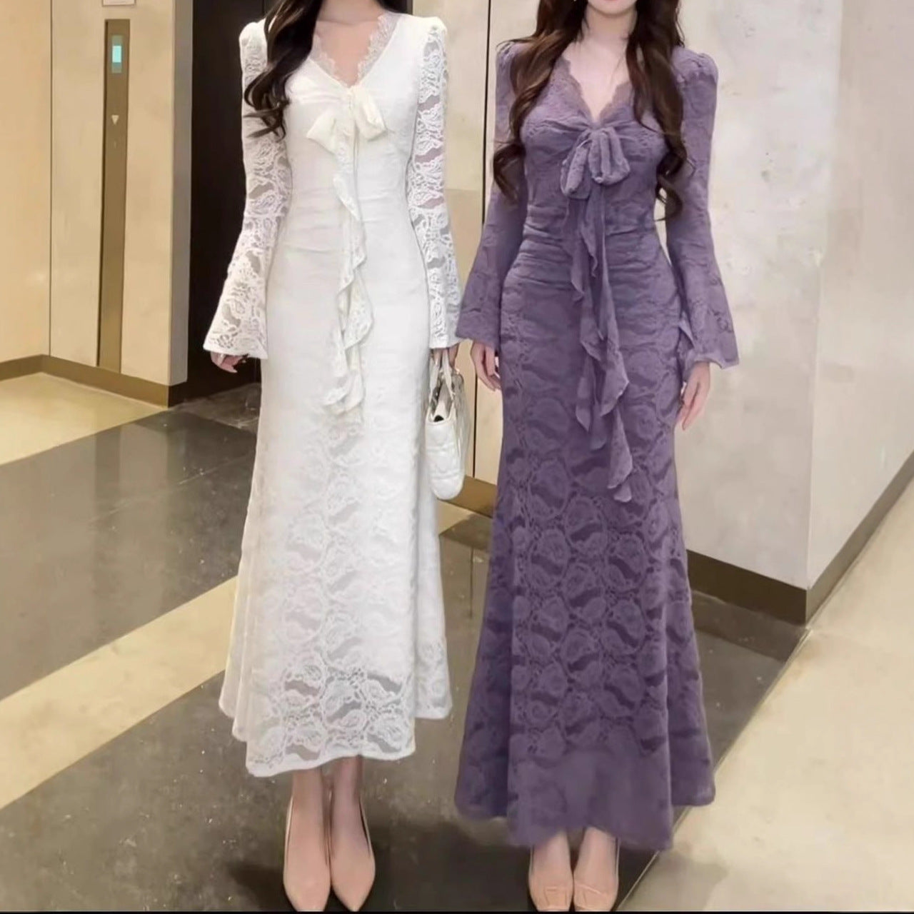 Womens Fashionable And Sexy Lace Long-Sleeve Dress
