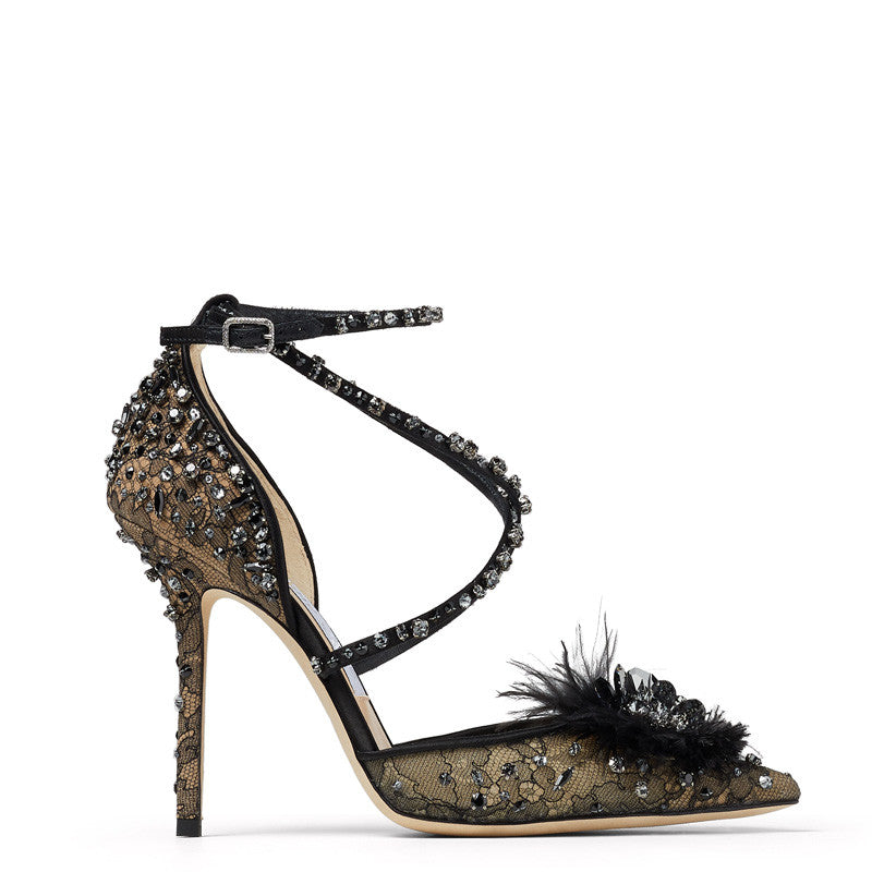 Heels Nude Lace Rhinestone Floral Pumps