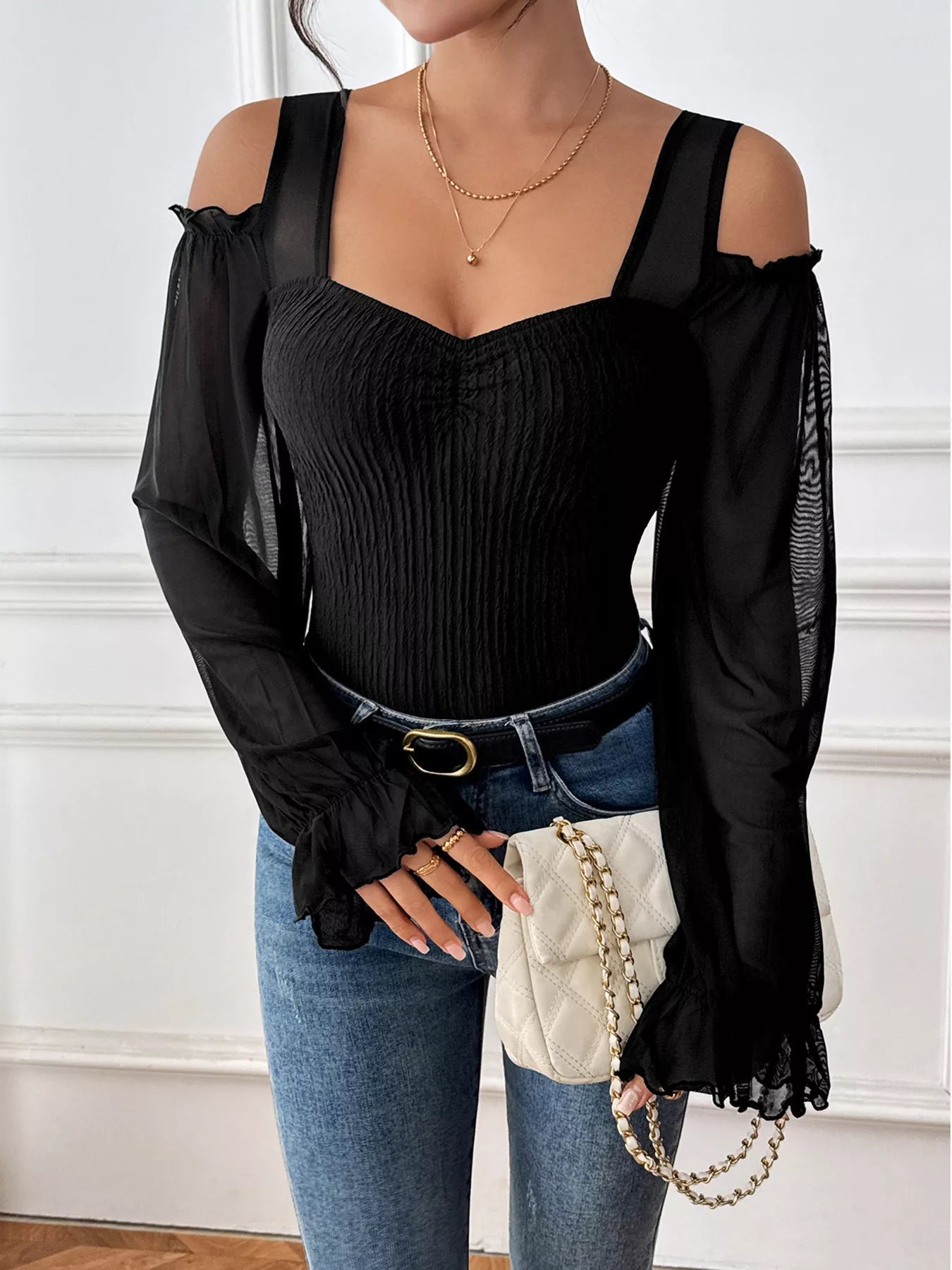Cold Shoulder Flounce Sleeve Bodysuit - Golwina