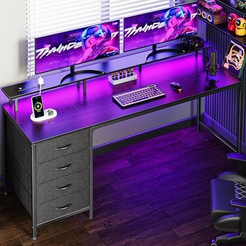 Computer Desk With A Power Socket And LED Light, A Game Desk With Four Drawers, And An Office Desk With A Monitor Stand---Black.47in