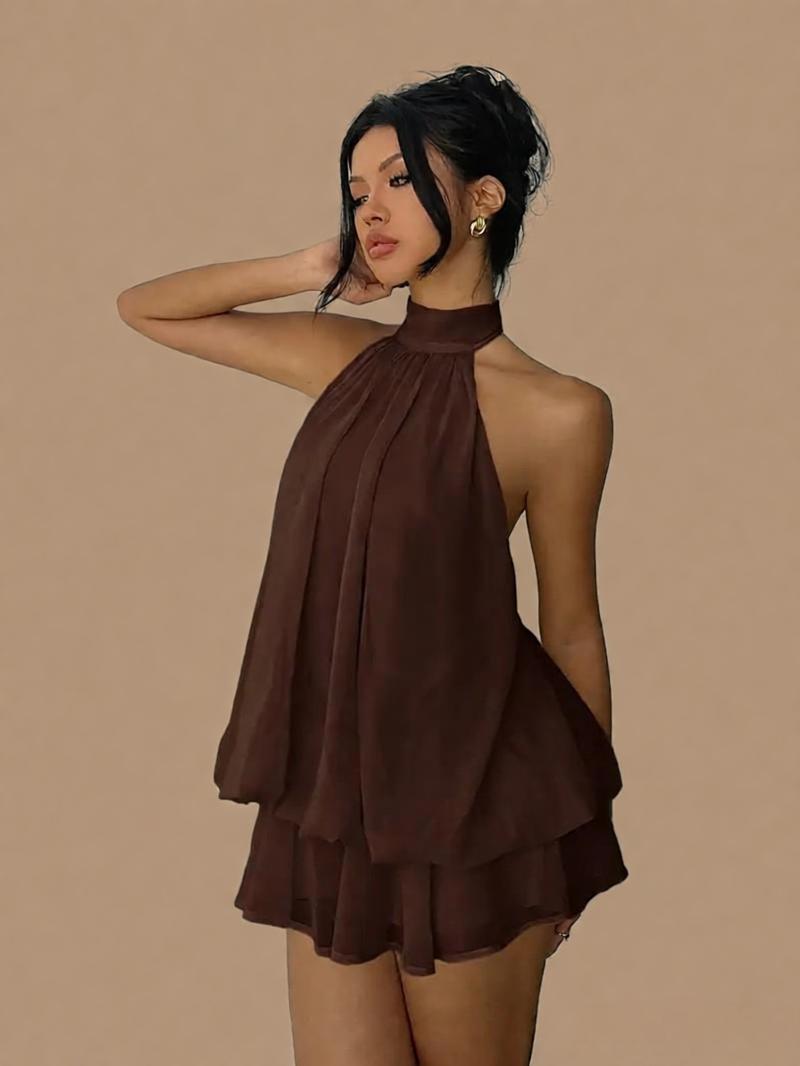 Chiffon Halter Tea Length Dress Sassy Skirt