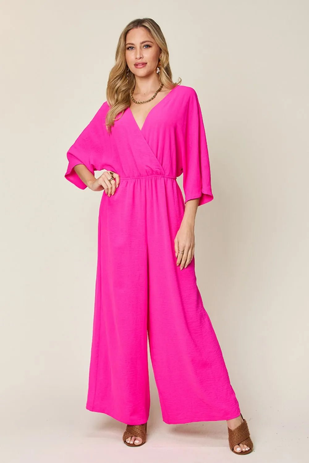 Double Take Full Size Surplice Wide Leg Jumpsuit with Pockets - Golwina