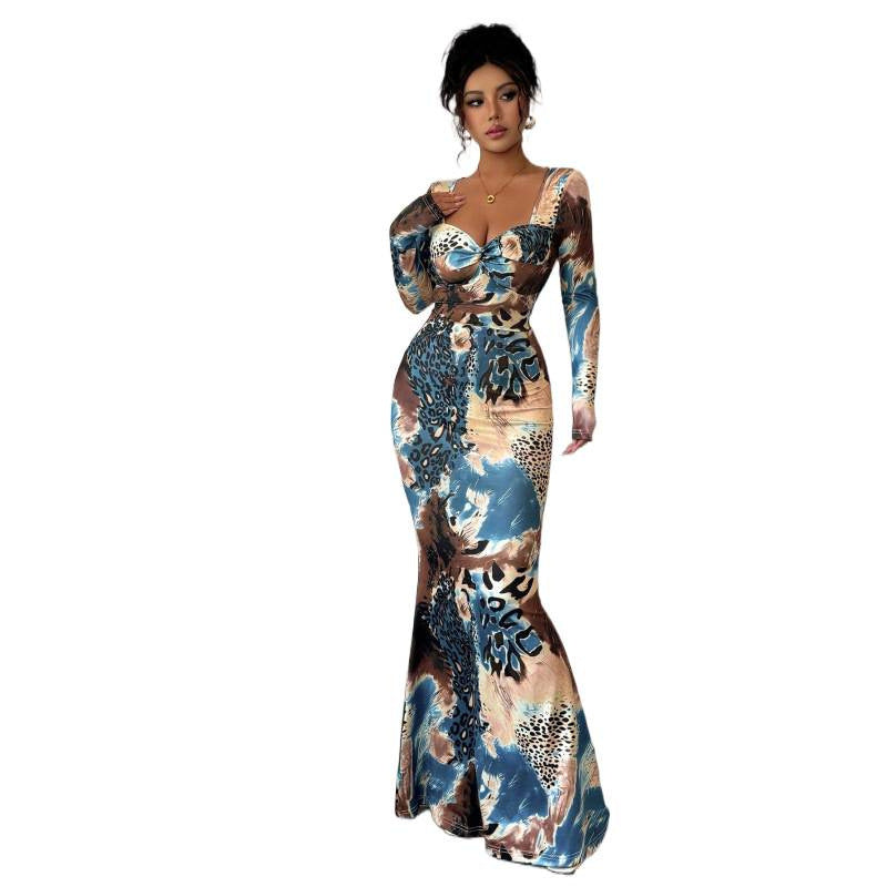 Long-sleeved Printed Dress With A Tie-front Design At The Chest