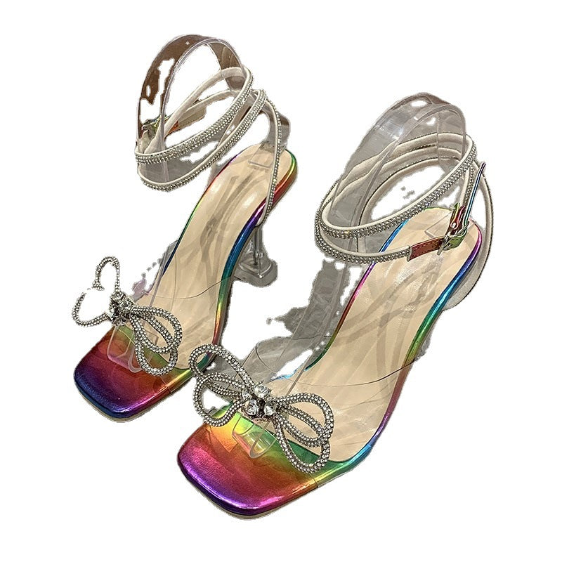Crystal Clear Wine Glass And Rhinestone Bow Sandals For Women