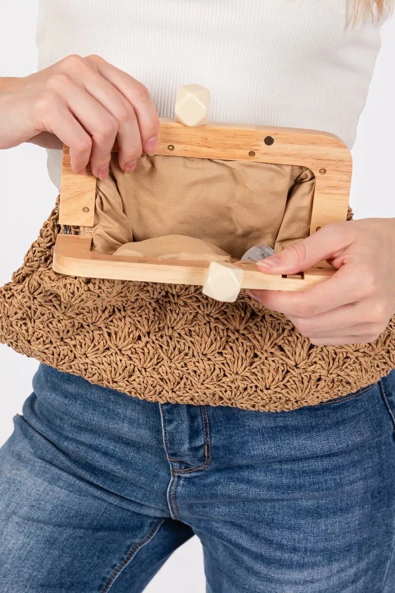 Fame Straw Braided Wooden Frame Cluch Bag - Golwina