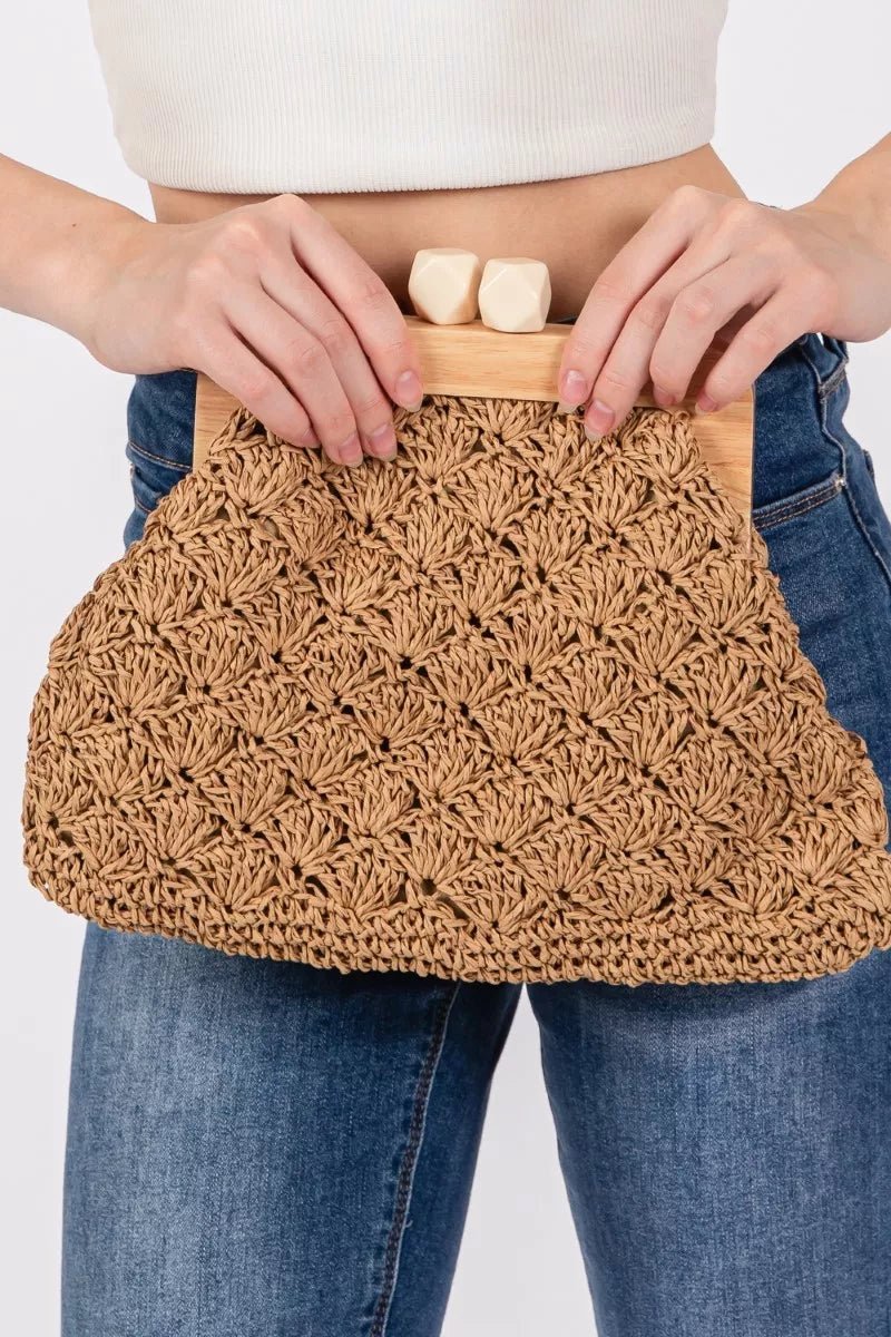 Fame Straw Braided Wooden Frame Cluch Bag - Golwina