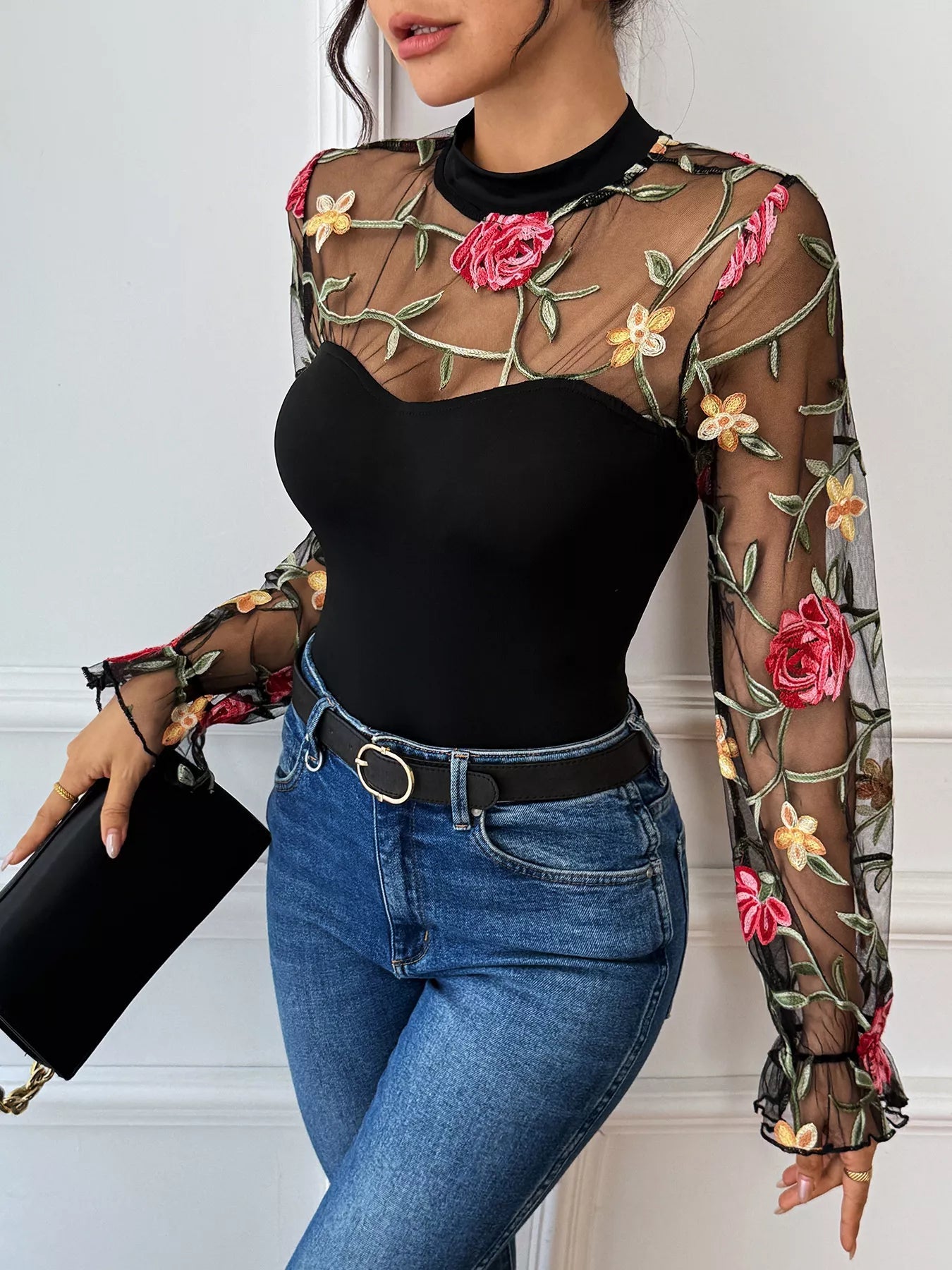 Floral Embroidered Mesh Long Sleeve Bodysuit - Golwina