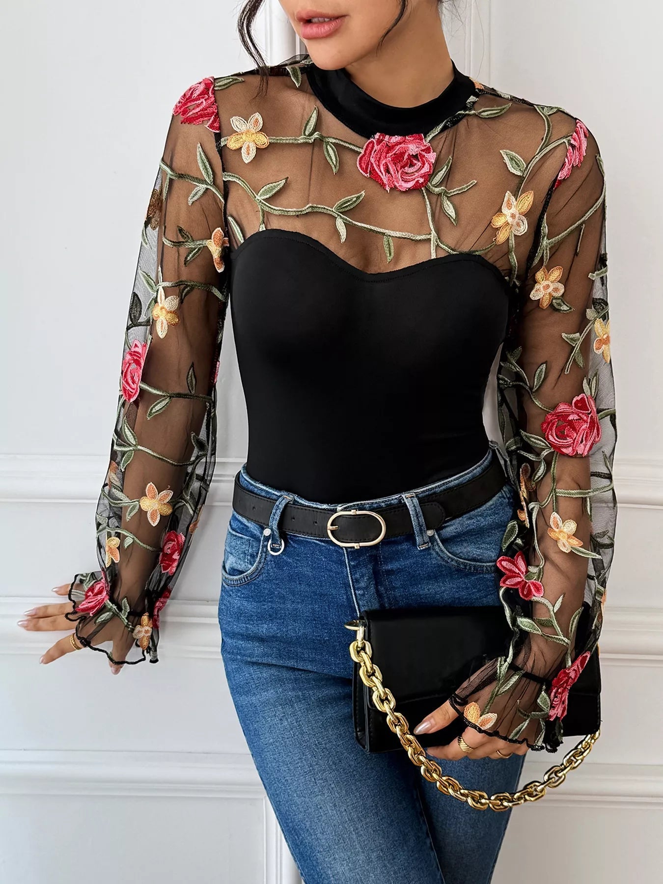 Floral Embroidered Mesh Long Sleeve Bodysuit - Golwina