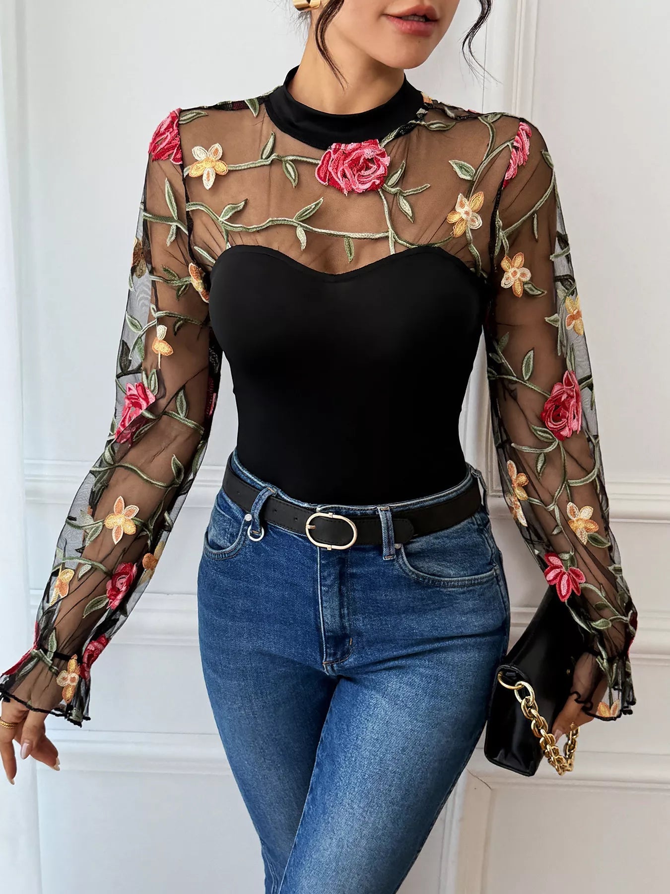 Floral Embroidered Mesh Long Sleeve Bodysuit - Golwina