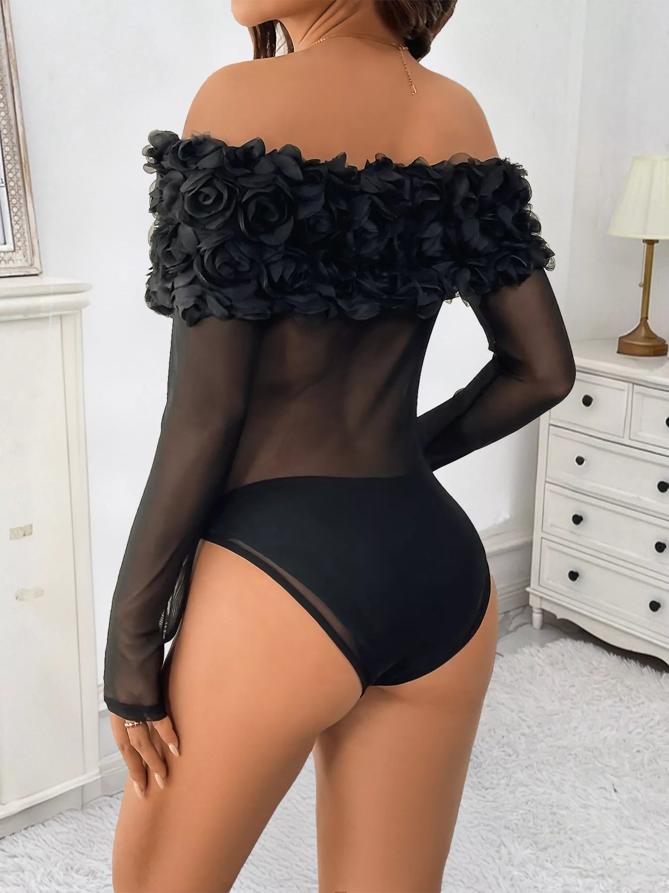 Flower Off - Shoulder Mesh Bodysuit - Golwina