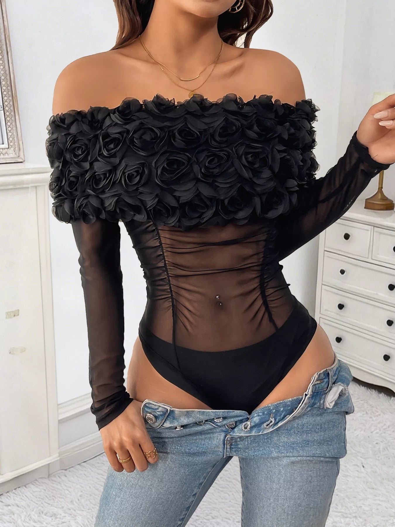 Flower Off - Shoulder Mesh Bodysuit - Golwina