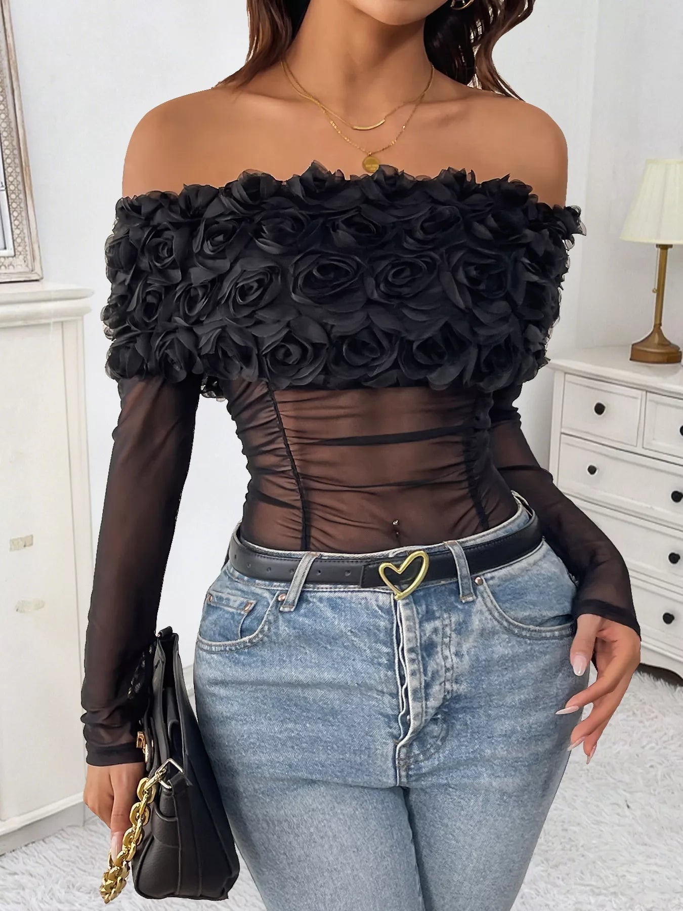 Flower Off - Shoulder Mesh Bodysuit - Golwina