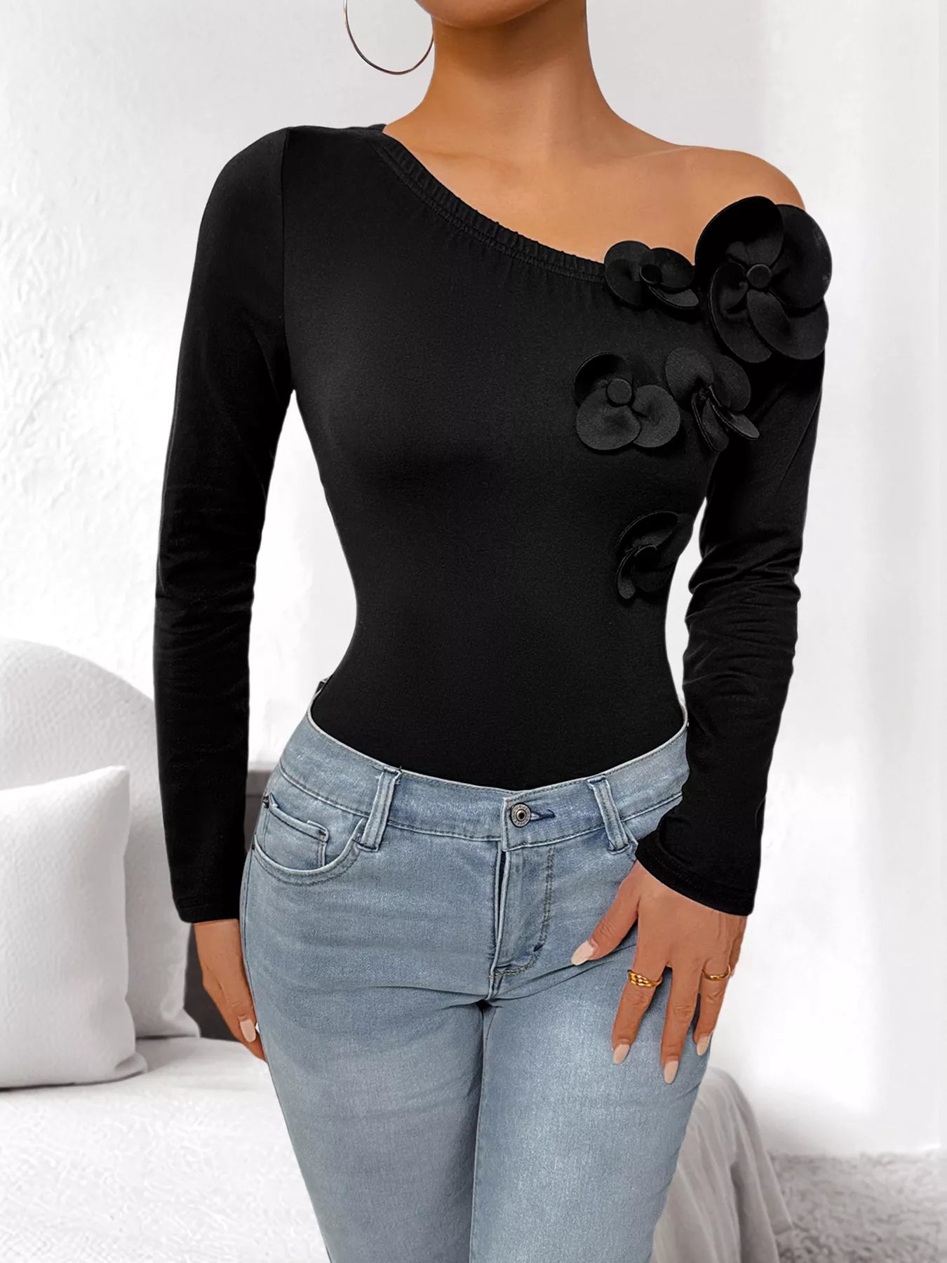 Flower One Shoulder Long Sleeve Bodysuit - Golwina