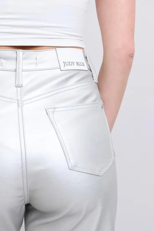 Judy Blue Full Size High Waist Silver Faux Leather Pants Plus Size - Golwina