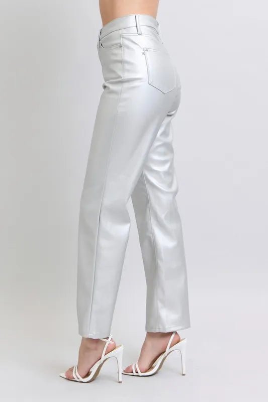 Judy Blue Full Size High Waist Silver Faux Leather Pants Plus Size - Golwina