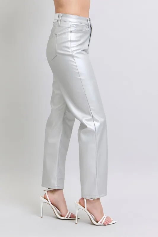 Judy Blue Full Size High Waist Silver Faux Leather Pants Plus Size - Golwina