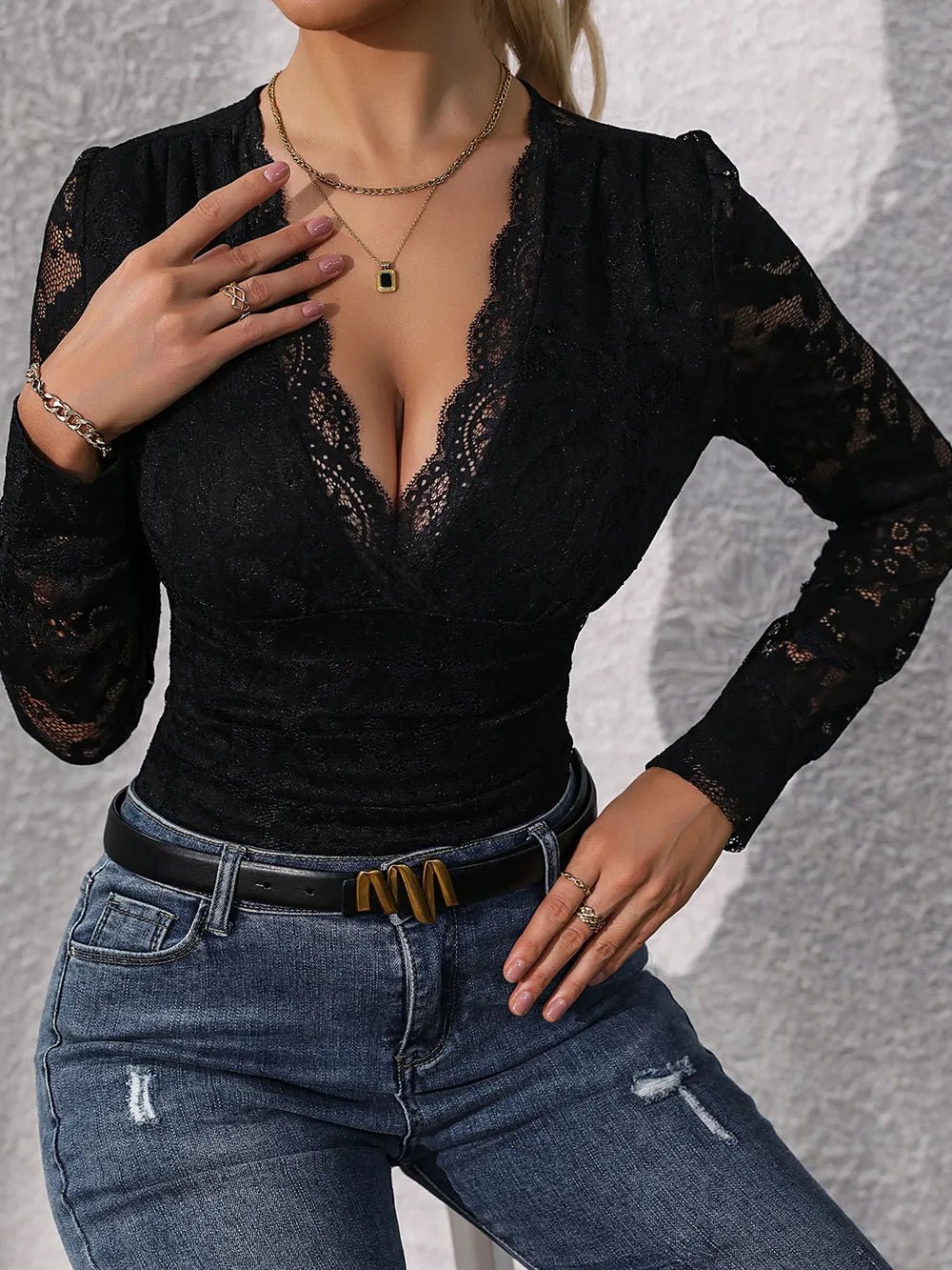 Perfee Lace Plunge Long Sleeve Bodysuit - Golwina